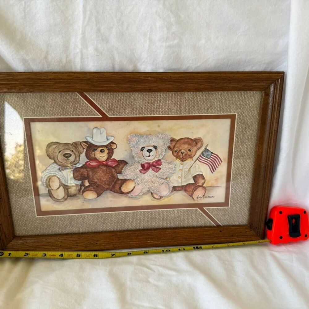 Vintage 1985 Home Interiors Ava Freeman Four Teddy Bears Framed Print